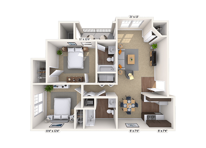 Floor plan for 2 beds, 2 baths, 1016 sqft