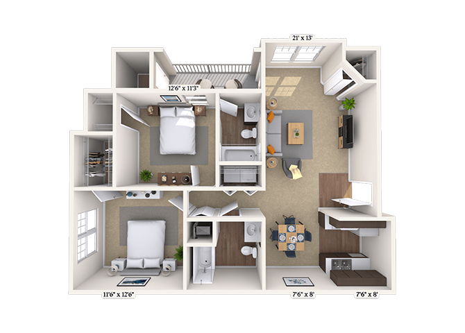 Floor plan for 2 beds, 2 baths, 1089 sqft