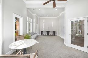Durham apartment for rent - A spacious living room with a white ceiling fan and a white table.