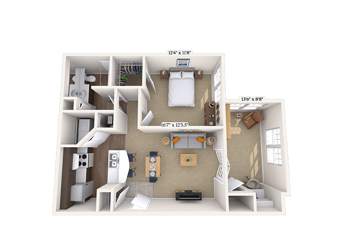 Floor plan for 1 bed, 1 bath, 801 sqft