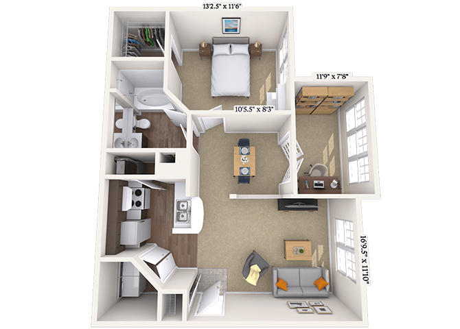 Floor plan for 1 bed, 1 bath, 833 sqft