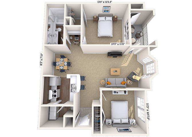 Floor plan for 2 beds, 1 bath, 964 sqft