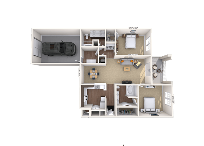 Floor plan for 2 beds, 2 baths, 1267 sqft