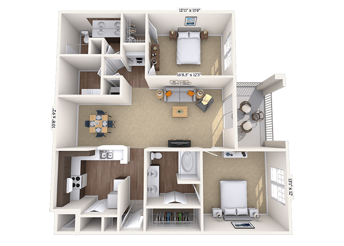 Floor plan for 2 beds, 2 baths, 1140 sqft