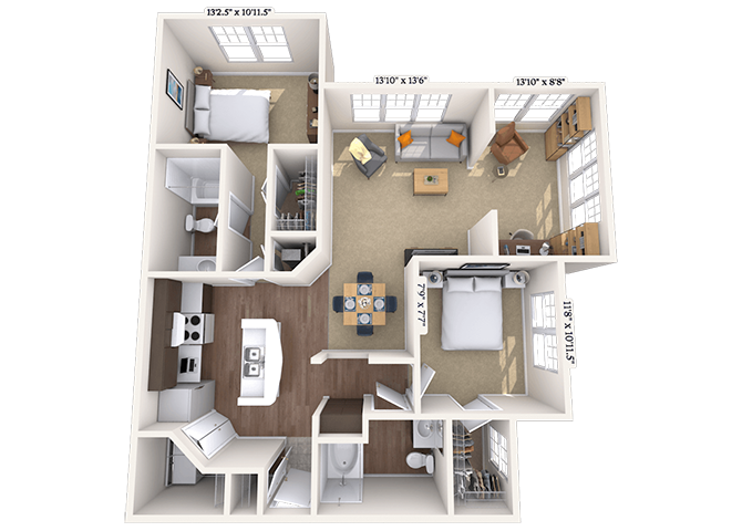 Floor plan for 2 beds, 2 baths, 1080 sqft