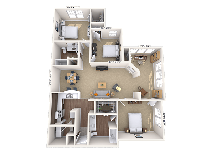 Floor plan for 3 beds, 2 baths, 1466 sqft