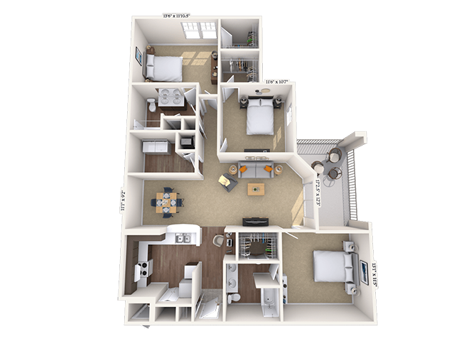 Floor plan for 3 beds, 2 baths, 1517 sqft