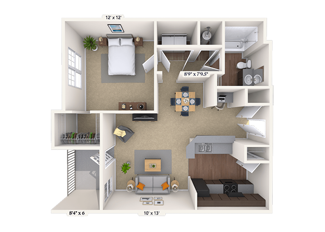 Floor plan for 1 bed, 1 bath, 691 sqft
