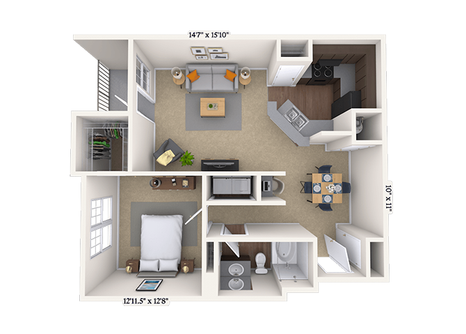 Floor plan for 1 bed, 1 bath, 890 sqft