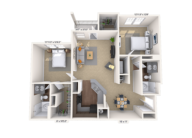 Floor plan for 2 beds, 2 baths, 1186 sqft