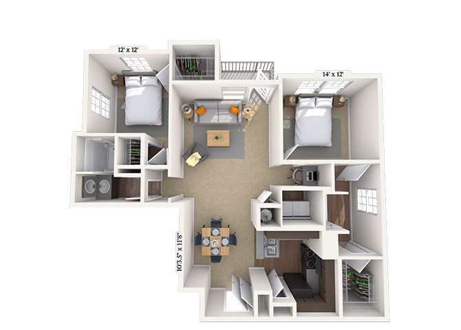 Floor plan for 2 beds, 2 baths, 1332 sqft