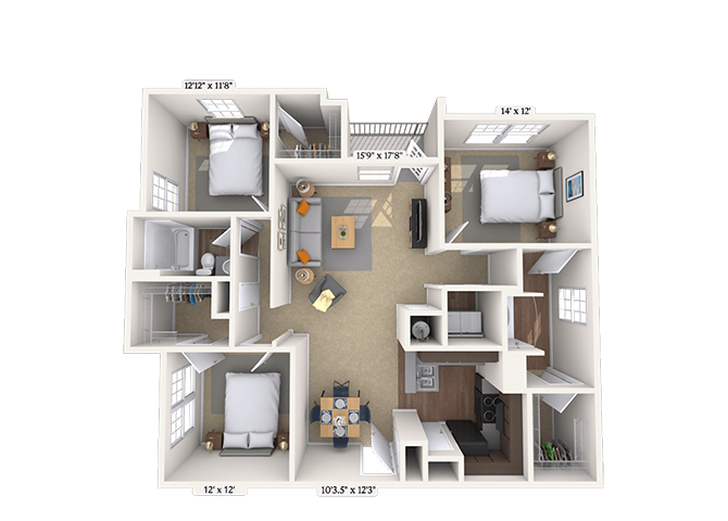 Floor plan for 3 beds, 2 baths, 1491 sqft