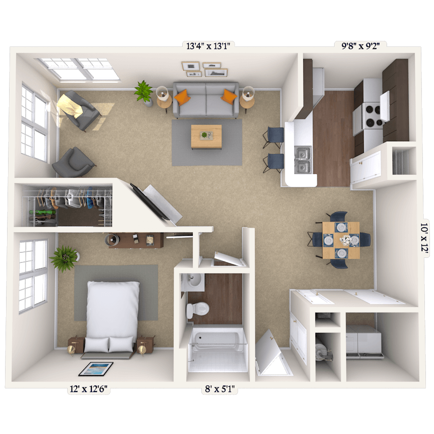 Floor plan for 1 bed, 1 bath, 812 sqft