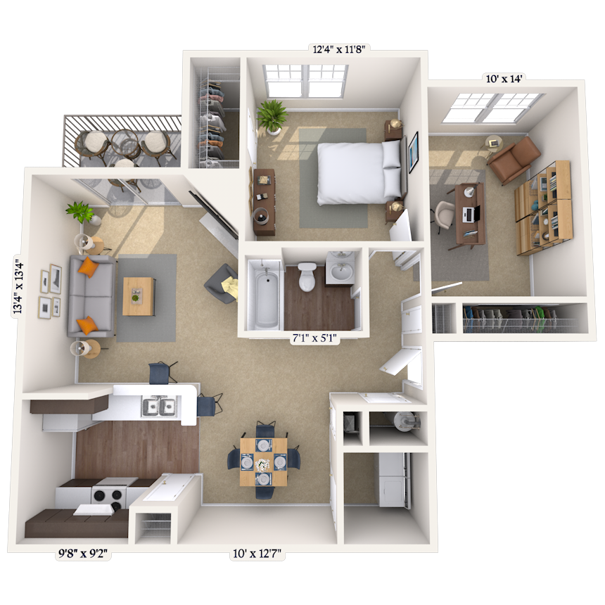 Floor plan for 2 beds, 1 bath, 928 sqft