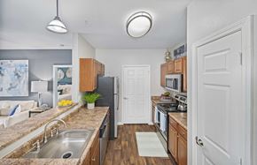 Apex apartment for rent - a renovated kitchen with granite counter tops and stainless steel appliances