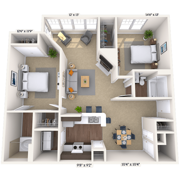 Floor plan for 2 beds, 2 baths, 1092 sqft