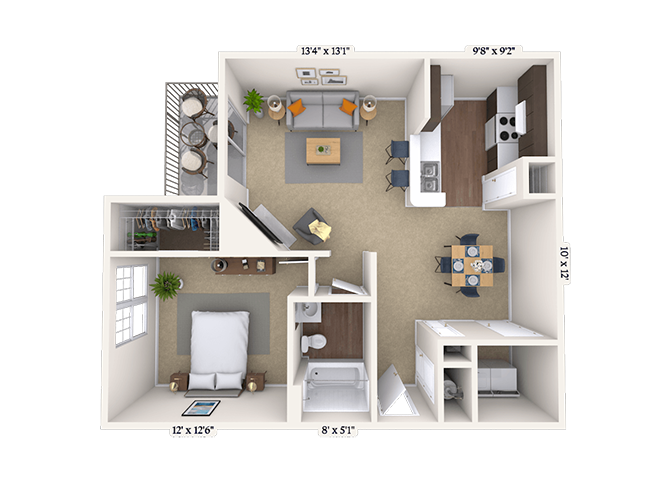 Floor plan for 1 bed, 1 bath, 752 sqft
