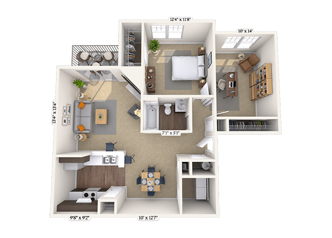 Floor plan for 1 bed, 1 bath, 752 sqft