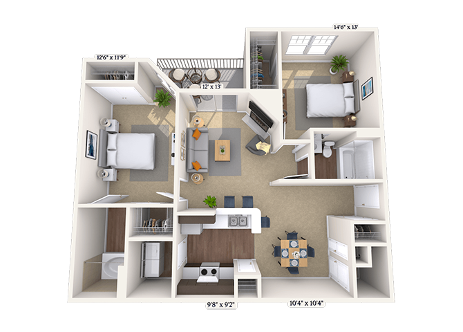 Floor plan for 2 beds, 2 baths, 1027 sqft
