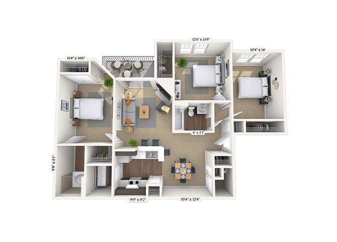 Floor plan for 3 beds, 2 baths, 1203 sqft