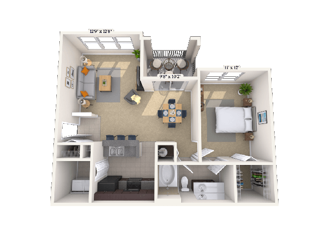 Floor plan for 1 bed, 1 bath, 786 sqft