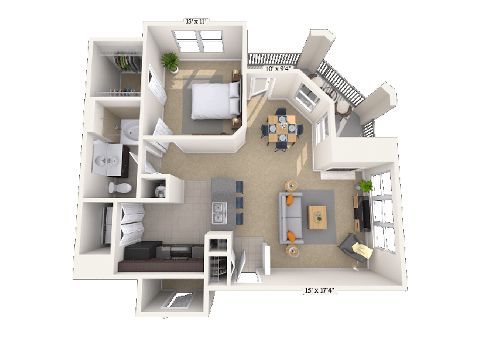 Floor plan for 1 bed, 1 bath, 814 sqft
