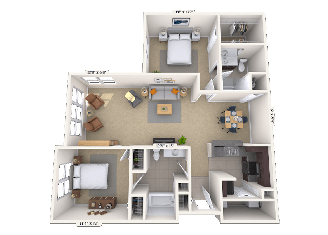 Floor plan for 2 beds, 2 baths, 1150 sqft