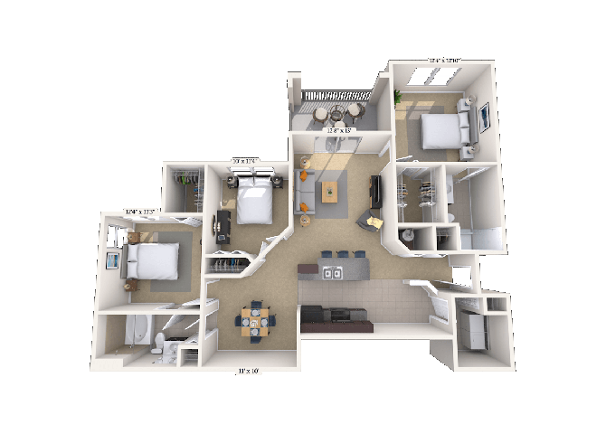 Floor plan for 3 beds, 2 baths, 1276 sqft