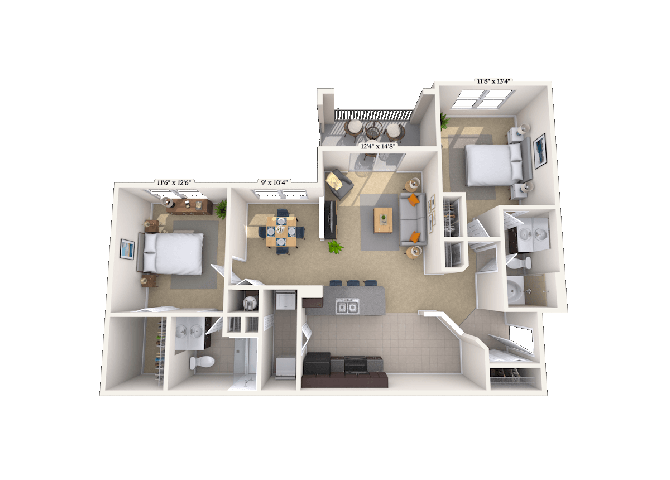 Floor plan for 2 beds, 2 baths, 1134 sqft