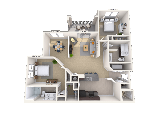 Floor plan for 2 beds, 2 baths, 1250 sqft