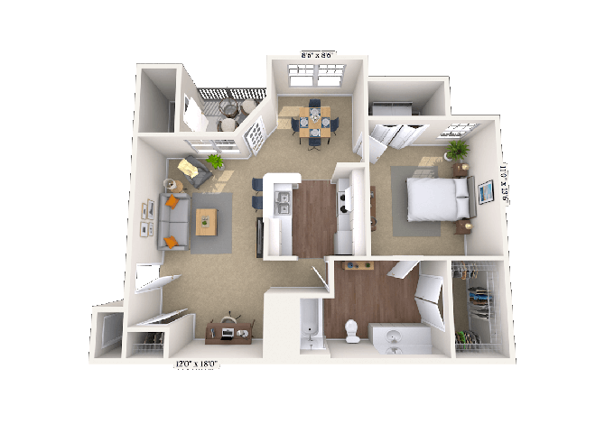 Floor plan for 1 bed, 1 bath, 866 sqft