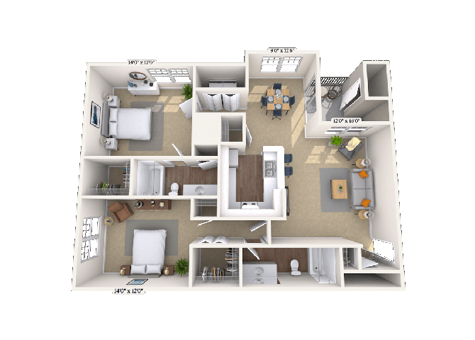 Floor plan for 2 beds, 2 baths, 1217 sqft