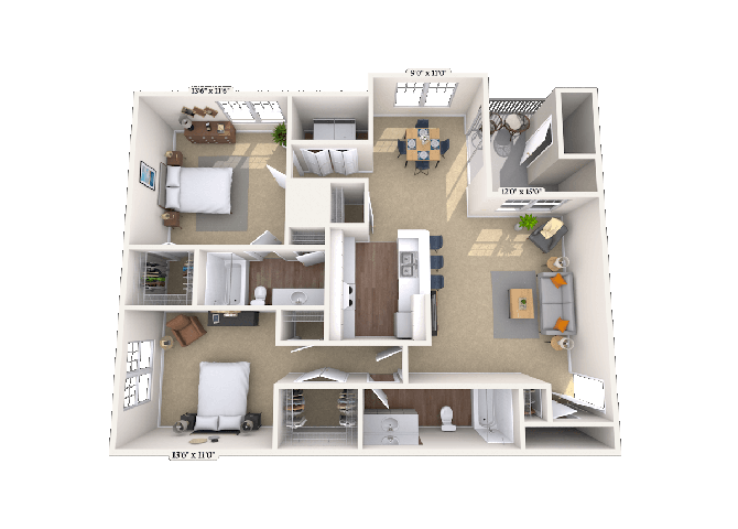 Floor plan for 2 beds, 2 baths, 1115 sqft
