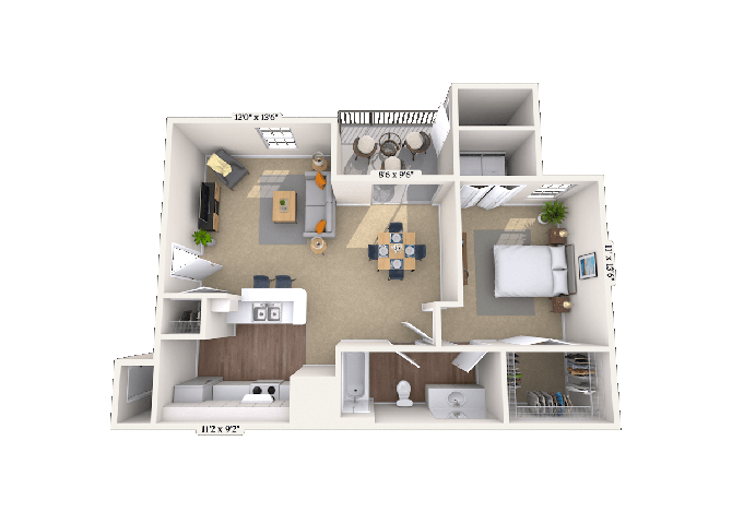 Floor plan for 1 bed, 1 bath, 760 sqft