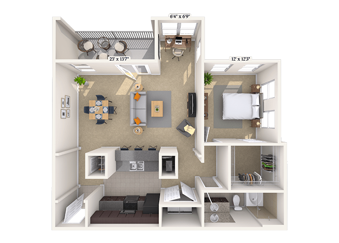 Floor plan for 1 bed, 1 bath, 957 sqft