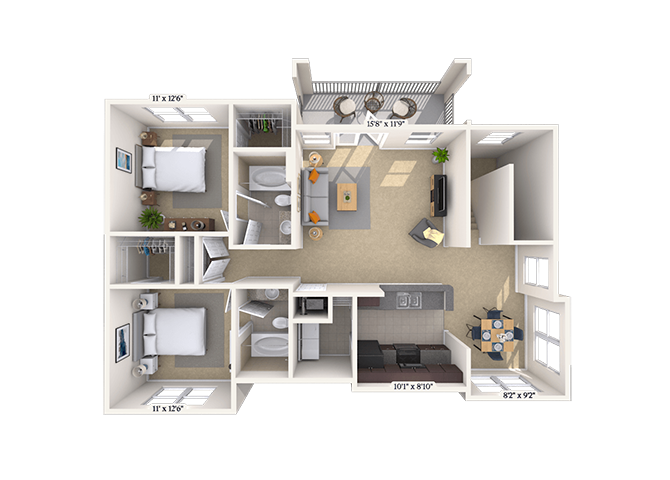 Floor plan for 2 beds, 2 baths, 1124 sqft