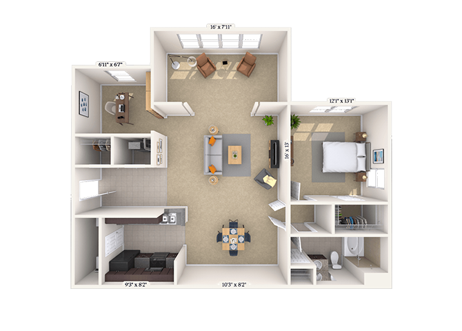 Floor plan for 1 bed, 1 bath, 992 sqft