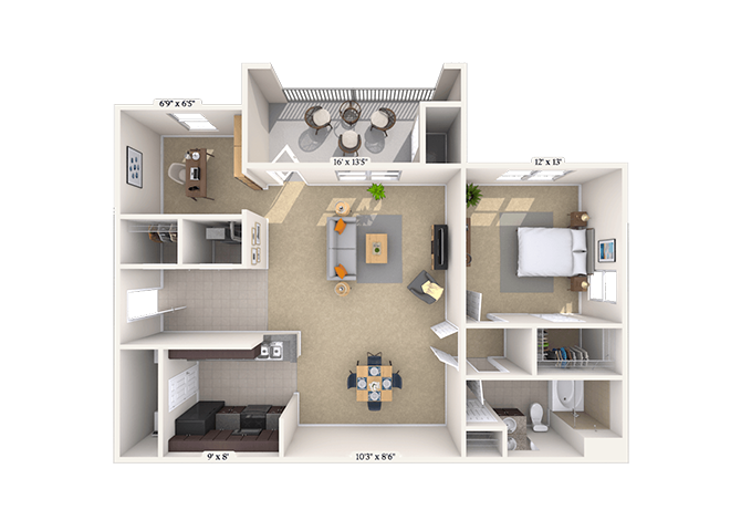 Floor plan for 1 bed, 1 bath, 857 sqft