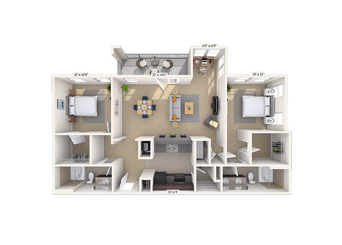 Floor plan for 2 beds, 2 baths, 1296 sqft
