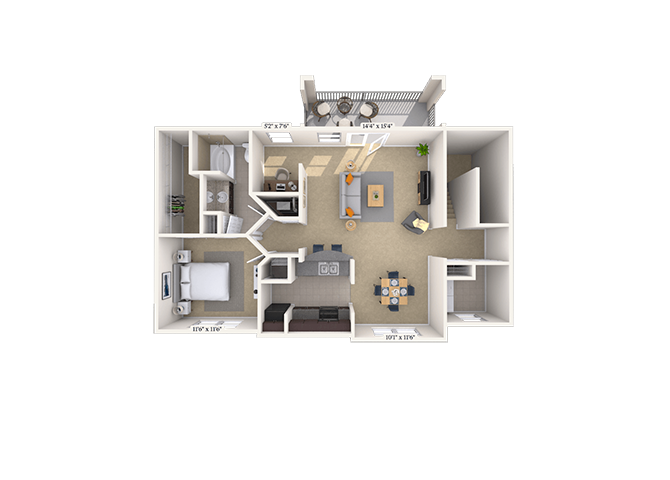 Floor plan for 1 bed, 1 bath, 1021 sqft
