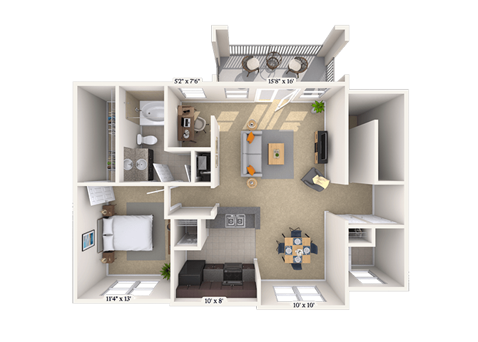 Floor plan for 1 bed, 1 bath, 1002 sqft
