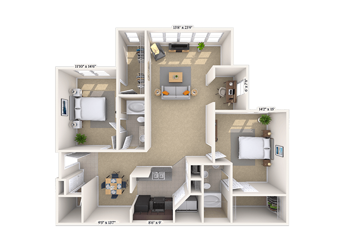 Floor plan for 2 beds, 2 baths, 1448 sqft