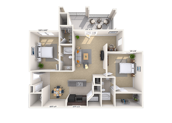 Floor plan for 2 beds, 2 baths, 1304 sqft