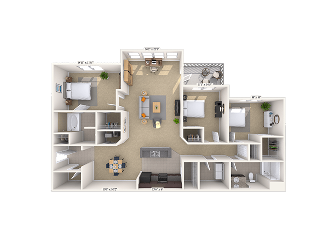 Floor plan for 3 beds, 2 baths, 1524 sqft