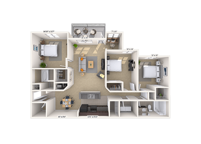 Floor plan for 3 beds, 2 baths, 1498 sqft