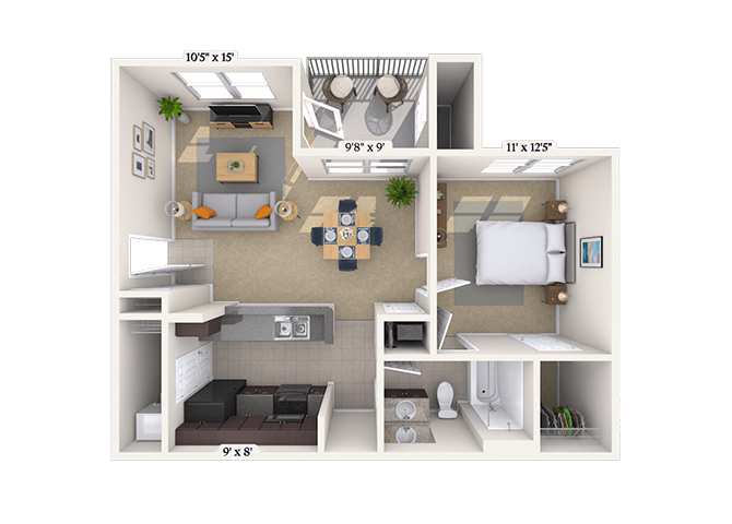 Floor plan for 1 bed, 1 bath, 665 sqft