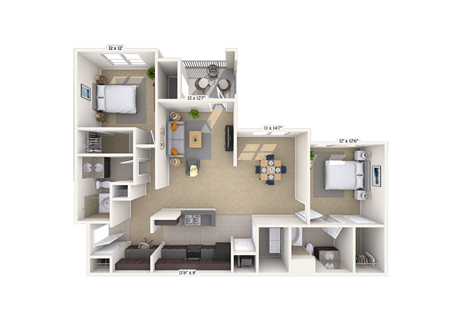 Floor plan for 2 beds, 2 baths, 1254 sqft