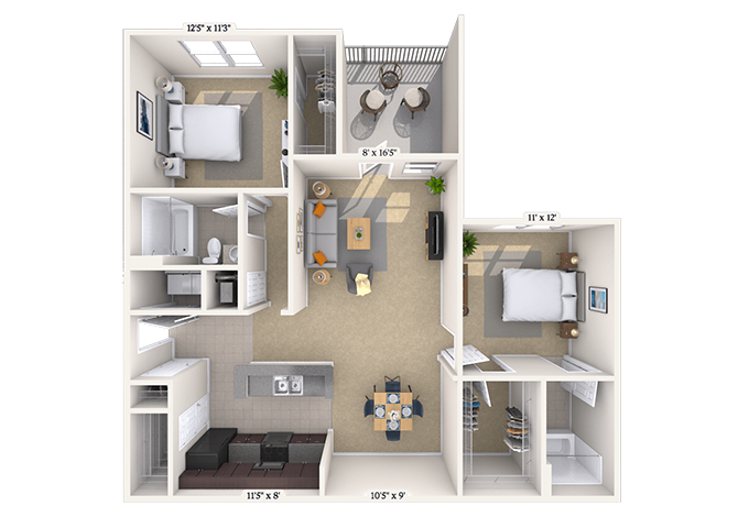 Floor plan for 2 beds, 2 baths, 1081 sqft