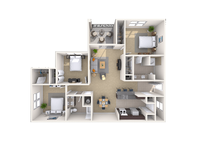 Floor plan for 3 beds, 2 baths, 1280 sqft