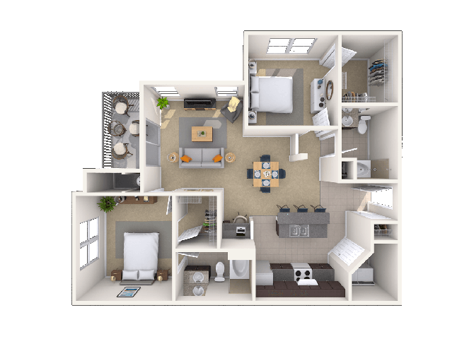 Floor plan for 2 beds, 2 baths, 1102 sqft